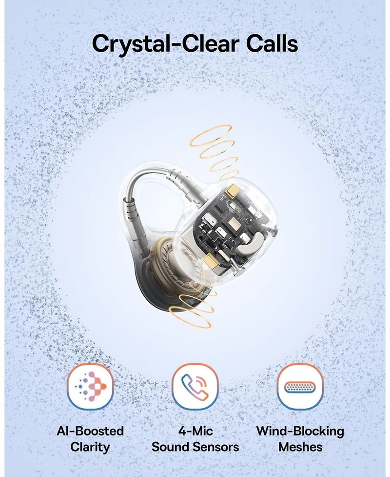 Baseus Bass BC1 Open Ear Earbuds Clip-On Headphones, Open-Ring Comfort with Tri-Curve Snug Clip,4-Mic Clear Calls, IP55 Waterproof, 38H Playtime