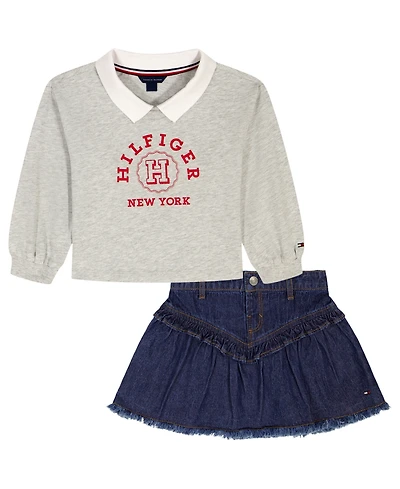 Tommy Hilfiger Toddler and Little Girls 2-Piece Collared Top Denim Flare Skirt Set