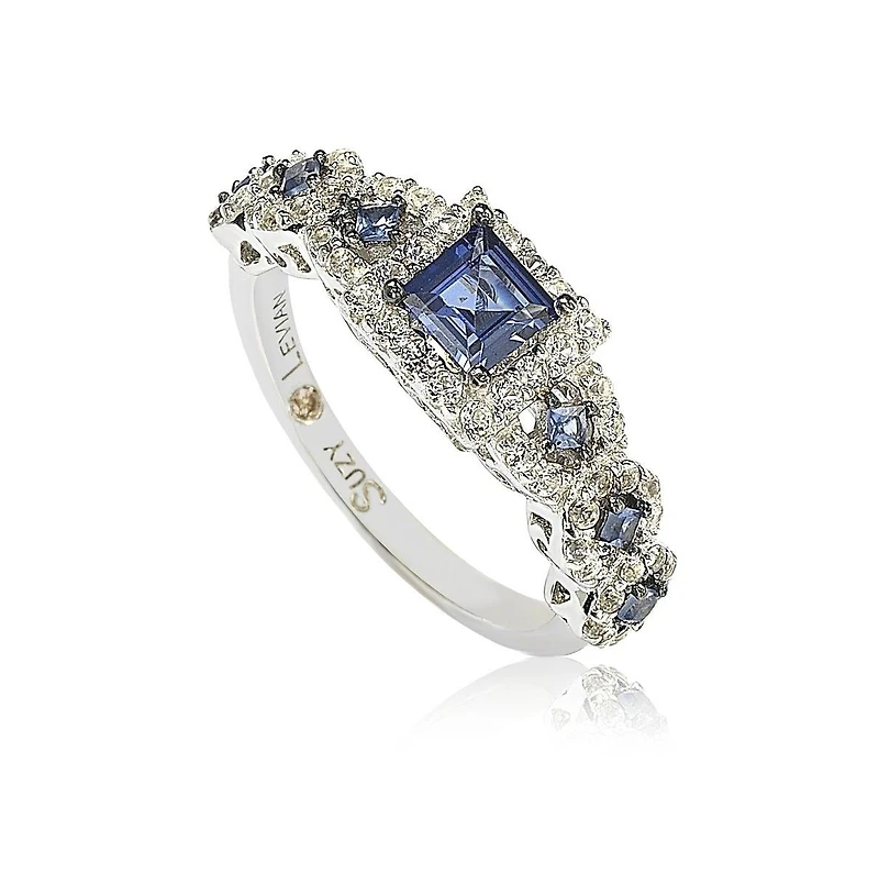 Suzy Levian Sterling Silver Assher Cut Sapphire and Created White Proposal Ring