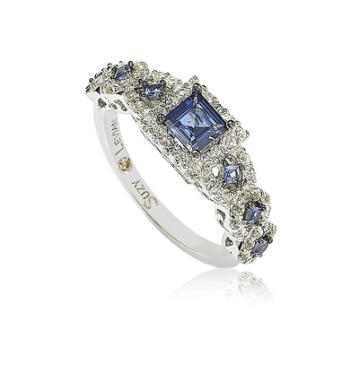 Suzy Levian Sterling Silver Assher Cut Sapphire and Created White Proposal Ring