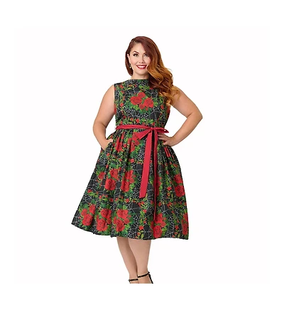 Unique Vintage Plus Sleeveless Belted Swing Dress
