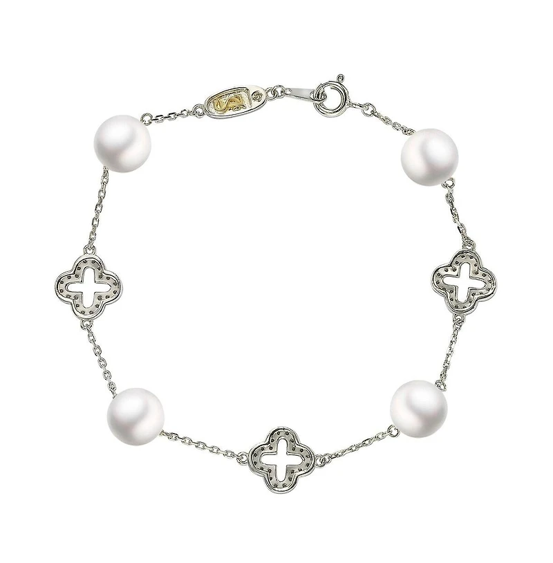 Suzy Levian New York Suzy Levian Sterling Silver Clover White Sapphire and Cultured Pearl Bracelet