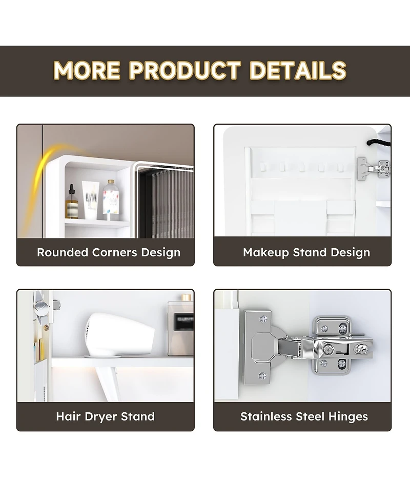 Casainc 35×28 Inch Aluminum Mirror Cabinet with Defogging and 3-Color Led Light - White