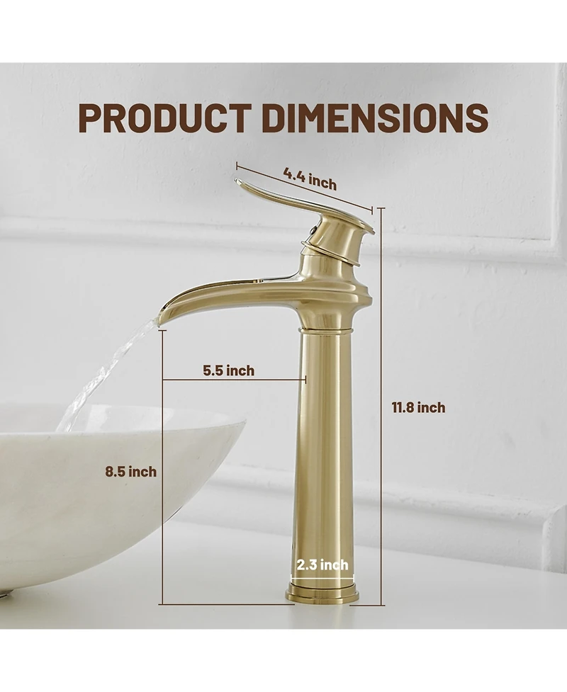 Waterfall Single Hole Handle Bathroom Vessel Sink Faucet With Pop-up Drain Assembly Matte Black & Gold