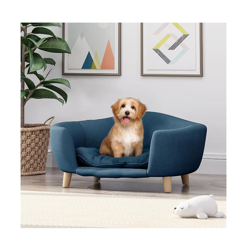 Zeus & Ruta Blue Corduroy Elevated Pet Couch with Wood Legs