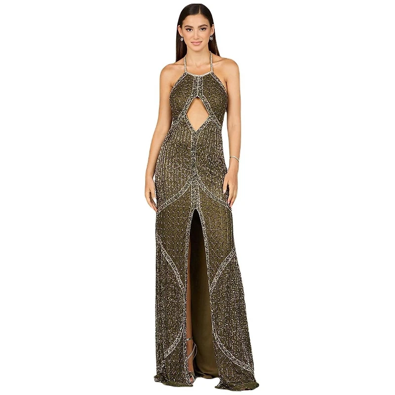 Lara Women's Symmetrical Halter Neck Beaded Gown