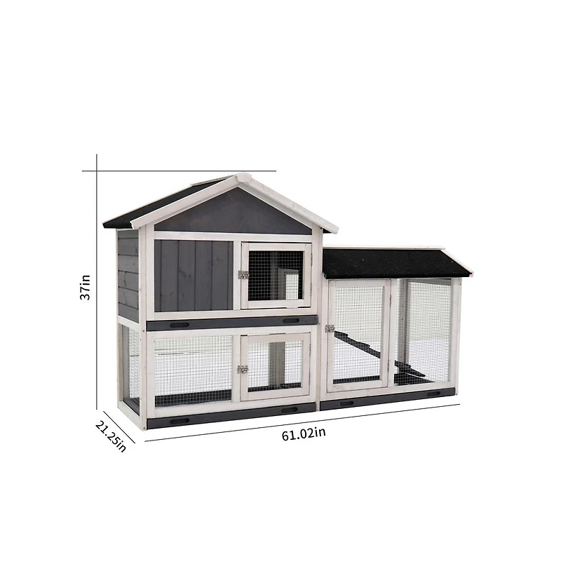 Aostirmotor Outdoor Gray Wood Pet House with Run and Deeper No Leak Tray Removable Bottom Wire Mesh for Small Animals
