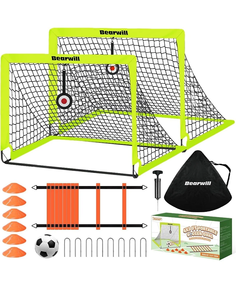 Bearwill Kids Soccer Goal Set of 2, 4x3FT Pop Up Backyard Goals with Training Kit - Includes Ball, Cones