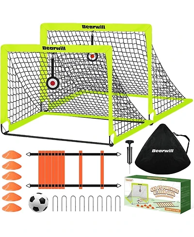 Bearwill Kids Soccer Goal Set of 2, 4x3FT Pop Up Backyard Goals with Training Kit - Includes Ball, Cones