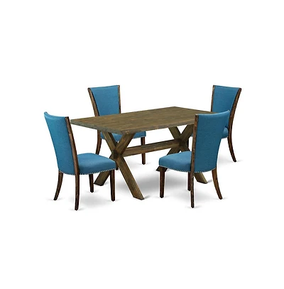 East West Furniture 5Pc Dining Table set Includes a Dinette Table and 4 Parson Dining Chairs with Blue Color Linen Fabric, Distressed Jacobean Finish