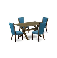 East West Furniture 5Pc Dining Table set Includes a Dinette Table and 4 Parson Dining Chairs with Blue Color Linen Fabric, Distressed Jacobean Finish