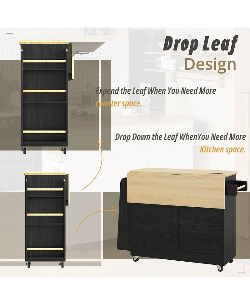 Ironck Kitchen Island Cart with Storage, Power Outlet and Drop Leaf, Black
