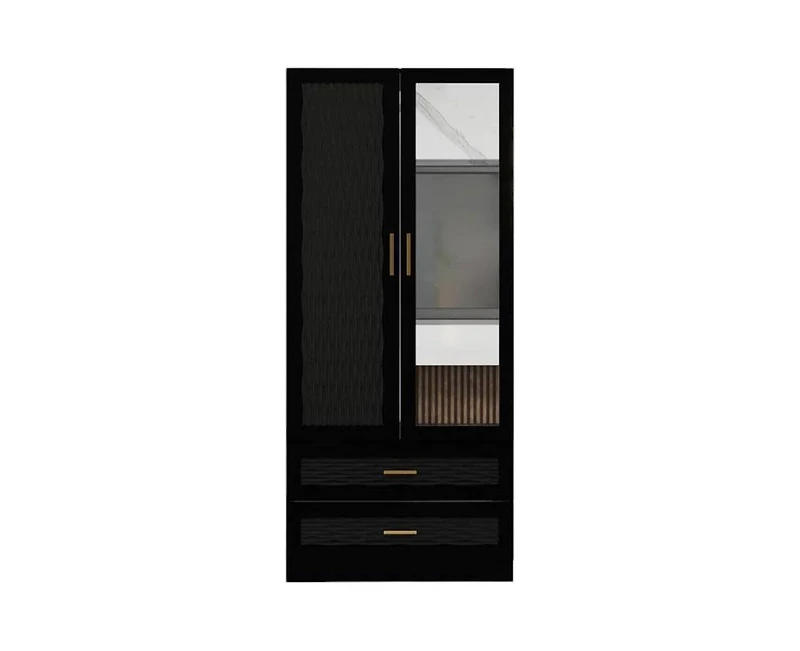 Freestanding Wardrobe Cabinet with Mirror, Clothes Rod, and Storage Drawer Space