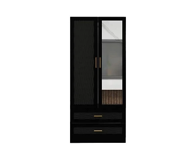 Freestanding Wardrobe Cabinet with Mirror, Clothes Rod, and Storage Drawer Space