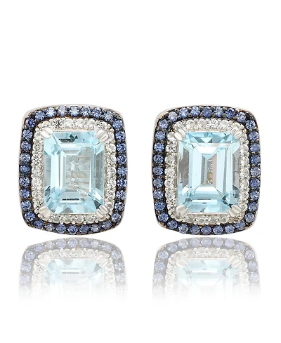Suzy Levian Sterling Silver Emerald Cut Topaz And Sapphire Double Halo Stud Earrings
