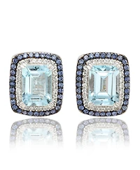 Suzy Levian Sterling Silver Emerald Cut Topaz And Sapphire Double Halo Stud Earrings