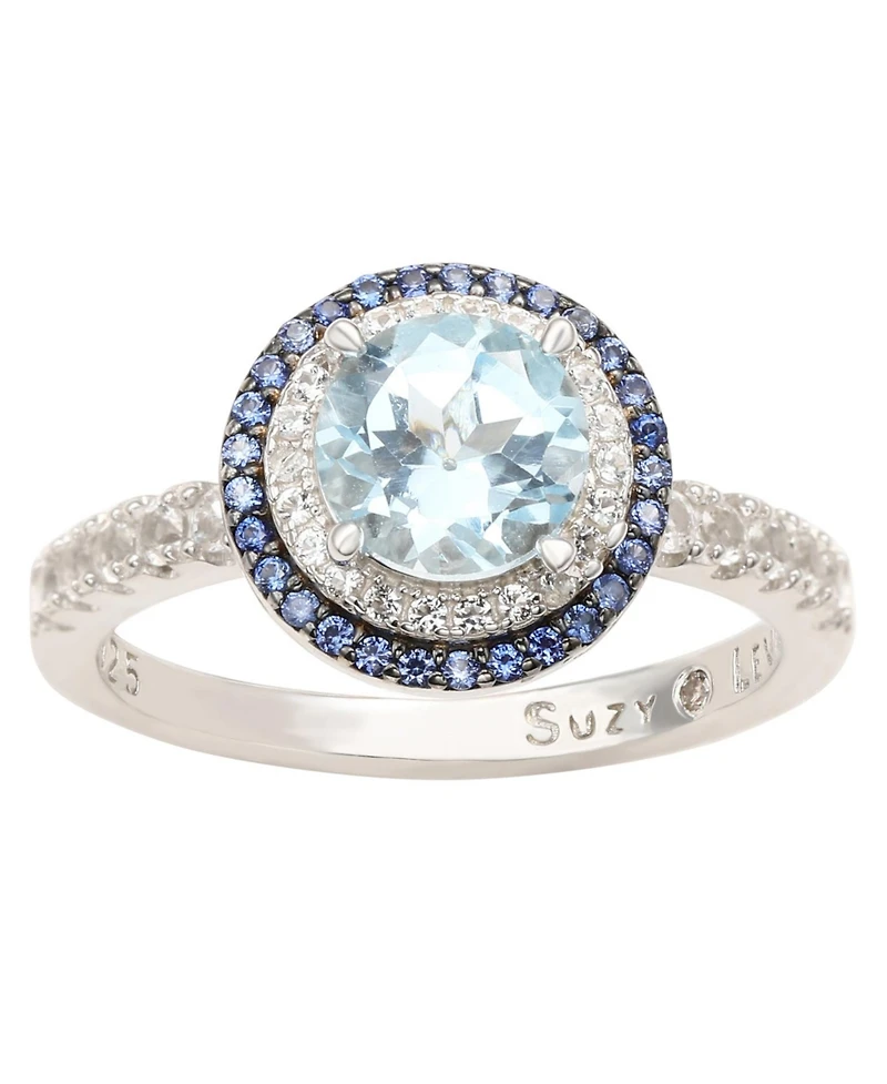 Suzy Levian Sterling Silver Round Cut Topaz and Sapphire Double Halo Ring