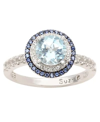 Suzy Levian Sterling Silver Round Cut Topaz and Sapphire Double Halo Ring