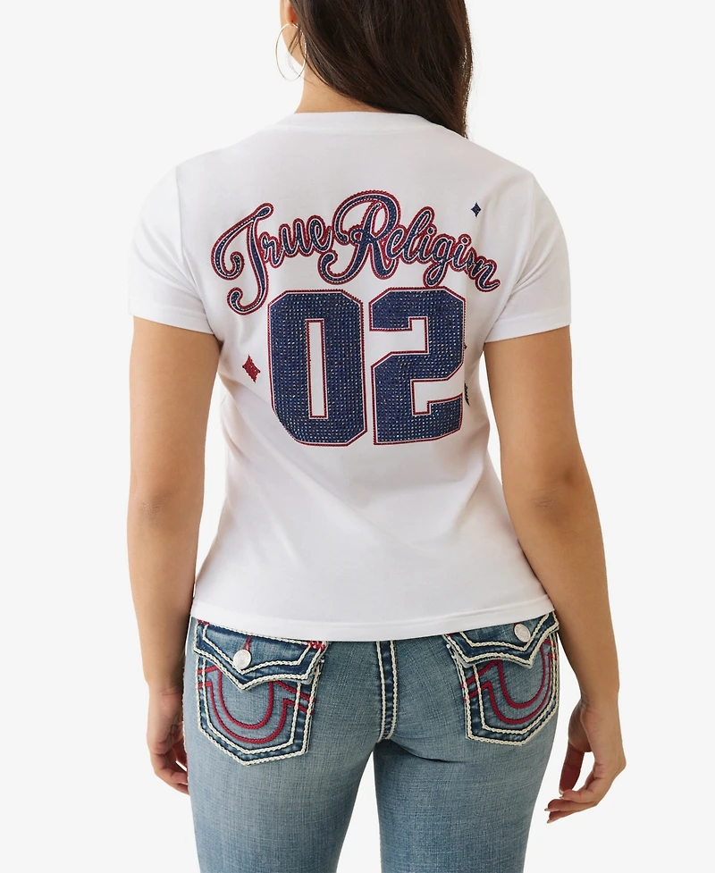 True Religion Women's Sporty Crystal V Neck T-Shirt