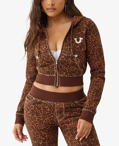 True Religion Women's Big T Crystal Leopard Shrunken Hoodie