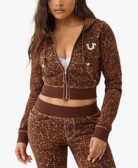 True Religion Women's Big T Crystal Leopard Shrunken Hoodie