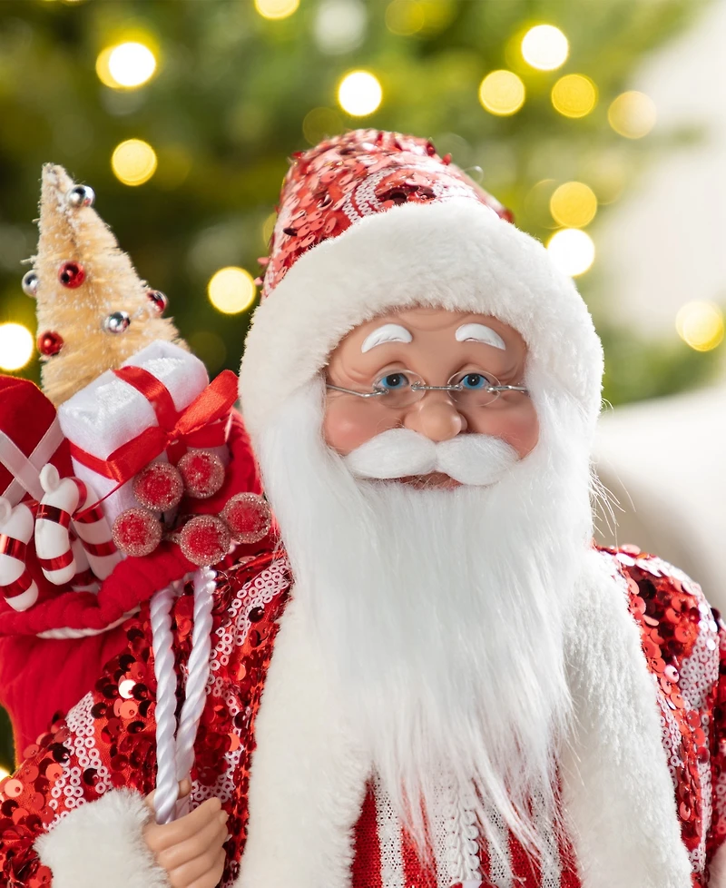 Glitzhome 18" Faux Fur Christmas Peppermint Santa Figurine