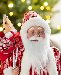 Glitzhome 18" Faux Fur Christmas Peppermint Santa Figurine