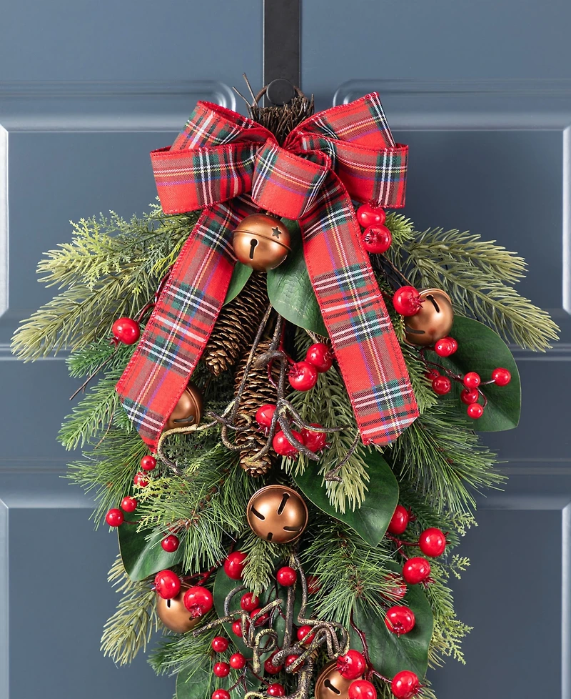 Glitzhome 28" Christmas Bell, Pinecone and Berry Bow Teardrop