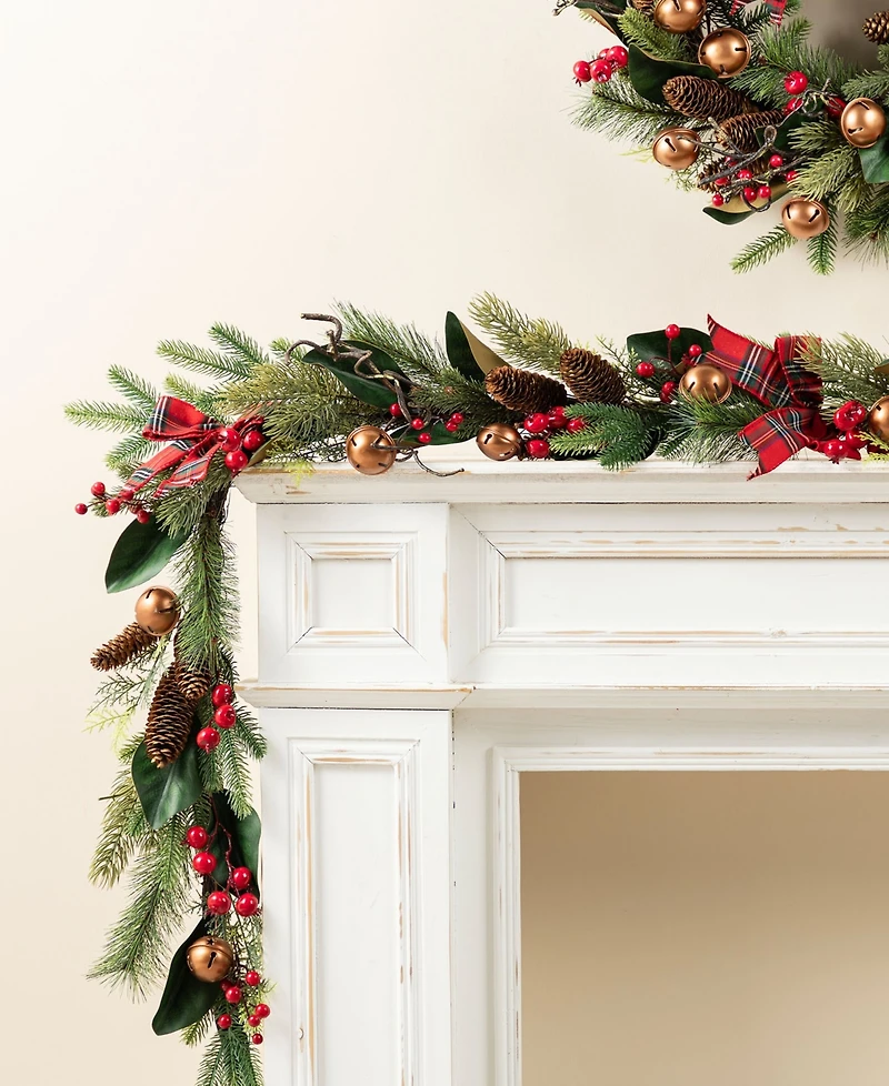 Glitzhome 6" Christmas Bell, Pinecone and Berry Bow Garland