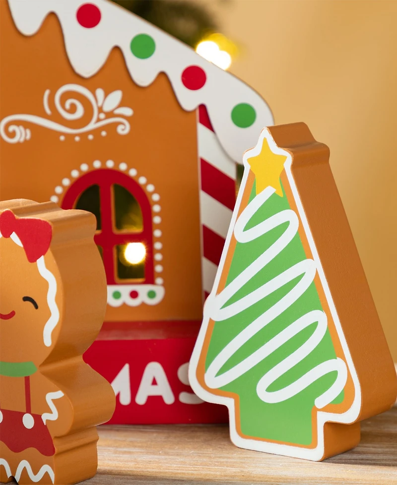 Glitzhome Wooden Christmas Gingerbread House Table Decor, Set of 4