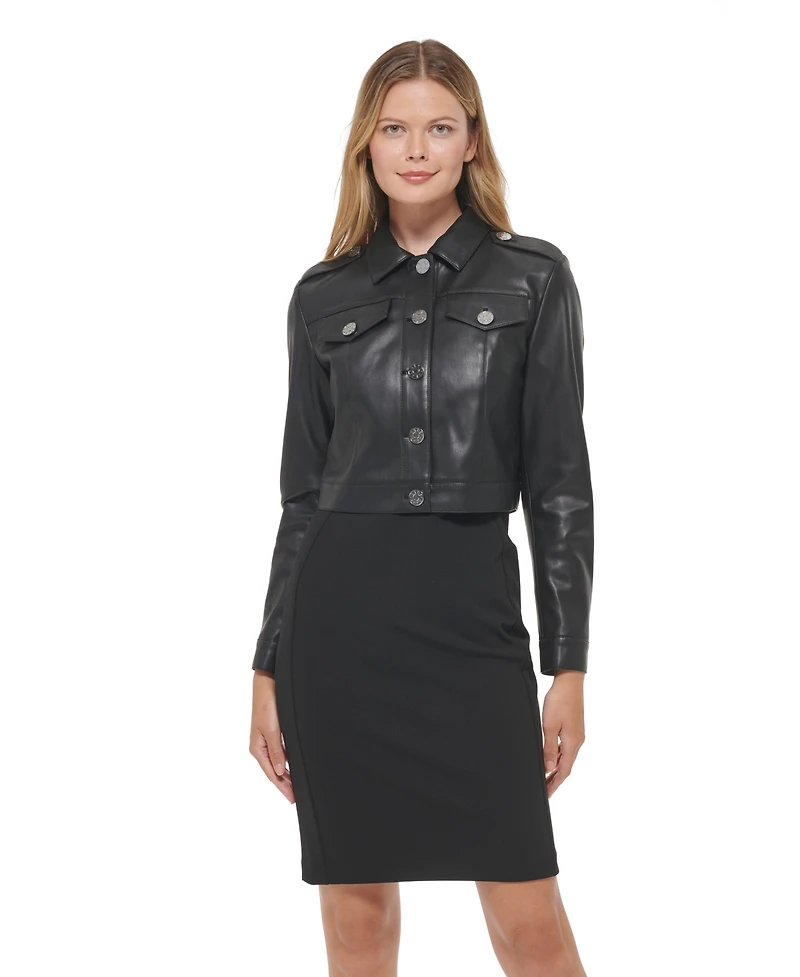 Dkny Women's Long Sleeve Button Down Faux Leather Jacket