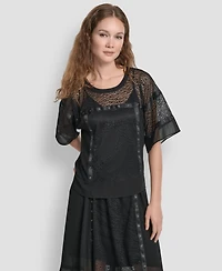 Dkny Women's Leopard Mesh Short Sleeve Flowy Box Top
