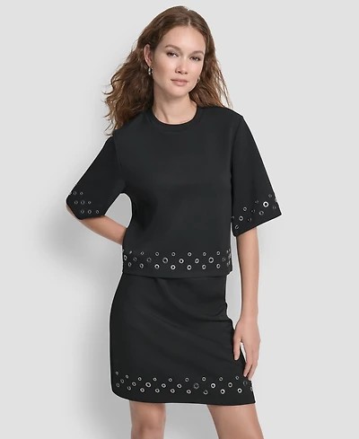Dkny Women's Grommet Short Sleeve Ponte Knit Top