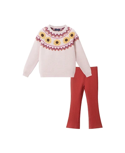 Andy & Evan Toddler/Child Girls Oatmeal Sunflower Fair Isle Sweater w/Flare Legging Set