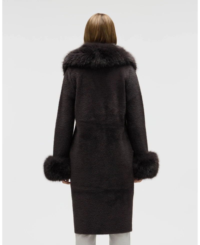 Nvlt Women's Longline Elegant Coatigan with Detachable Fur Collar and Cuffs