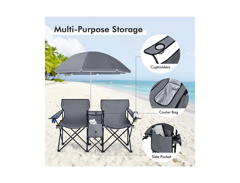 Akiudex portable folding picnic double chair with removable umbrella