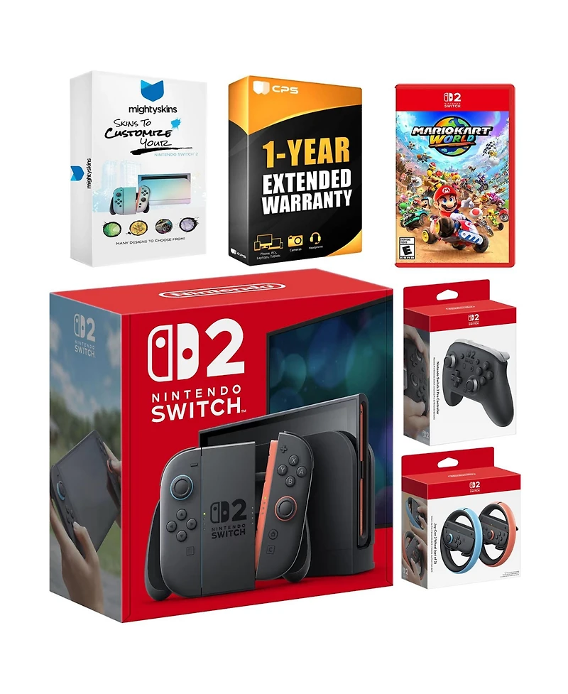 Nintendo Switch 2 Console with Mario Kart World, Pro Controller, Joy Con Wheel