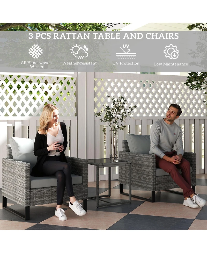 Outsunny 3PCS Patio Furniture Set Wicker Bistro Set with Cushions,