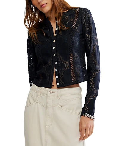 Free People Women's Button-Front Long Sleeve Lace Top