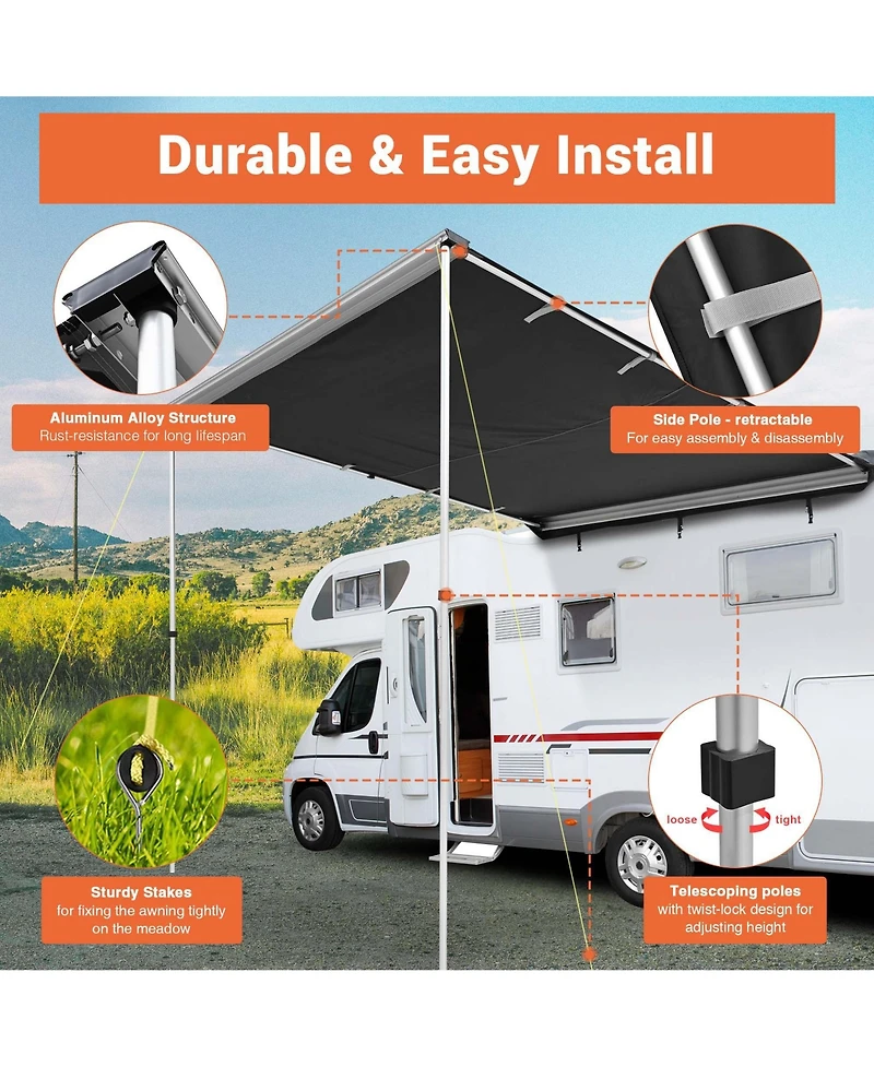 6.6x8.4 Ft Vehicle Awning with Blackout Coating Side Wall Roof Rack Pull-Out Sun Shade Camp