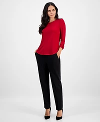 Ak Anne Klein Petite Embellished-Neck Roll-Tab-Sleeve Top