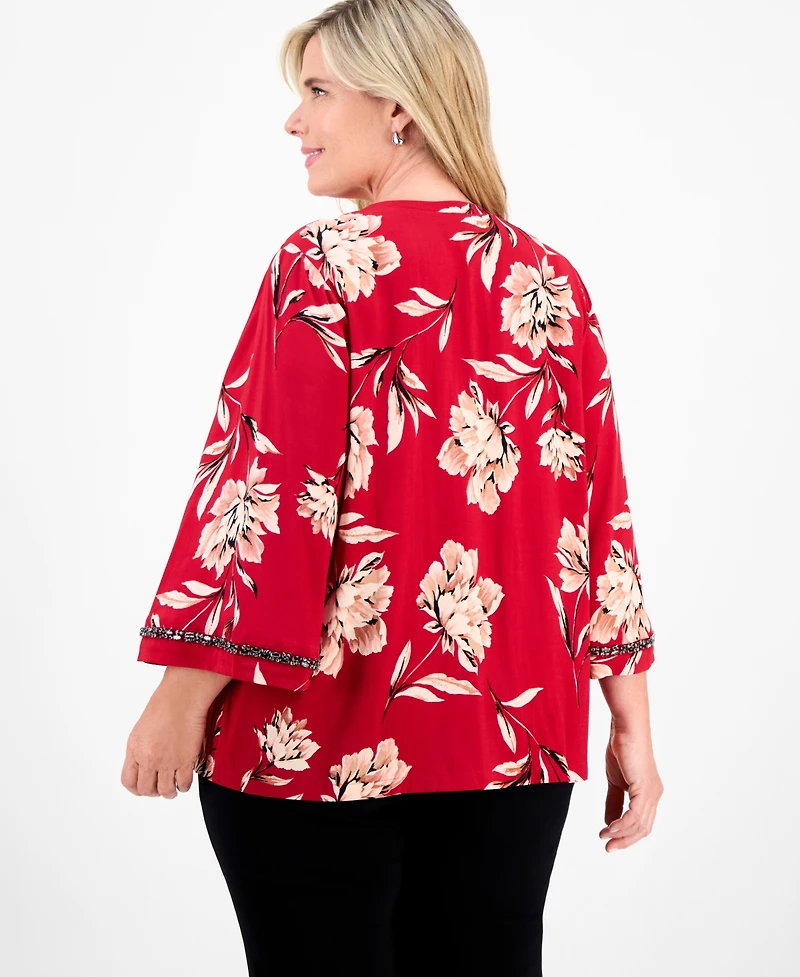 Jm Collection Plus Beaded-Trim Floral 3/4-Sleeve Top, Macy's Exclusive
