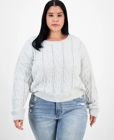 Madden Girl Trendy Plus Pearl Cable-Knit Scoop-Neck Sweater