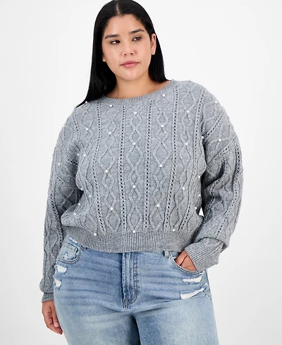 Madden Girl Trendy Plus Pearl Cable-Knit Scoop-Neck Sweater