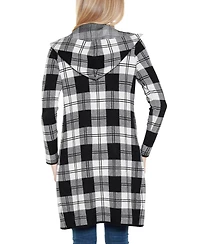 Belldini Women's Hooded Checkered Plaid Coatigan Sweater