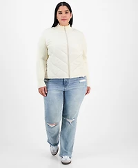 Madden Girl Trendy Plus Zip-Front Mixed-Media Puffer Cardigan