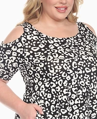 White Mark Plus Cold Shoulder Leopard Print Short Sleeve Knit Top
