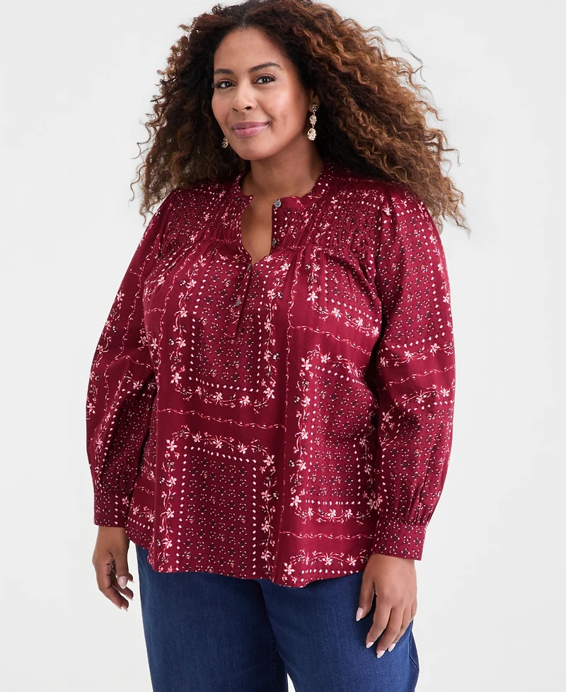 Style & Co Plus Cotton Smocked-Yoke Top, Macy's Exclusive