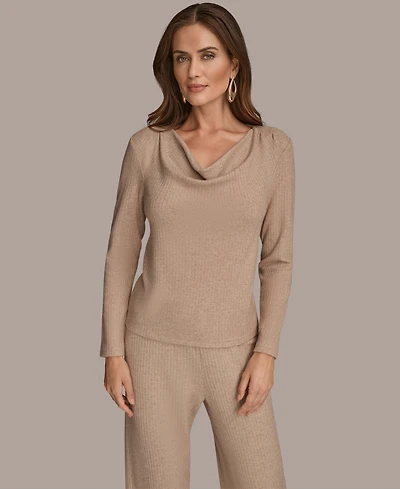 Donna Karan New York Women's Lurex Rib Cowl Neck Long Sleeve Top