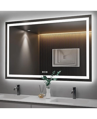 Amorho Led Bathroom Mirror, 55" x 36" with Front Light and Backlit, Stepless Dimmable Wall Mount Mirrors, Anti-Fog, Shatter-Proof, Memory, 3